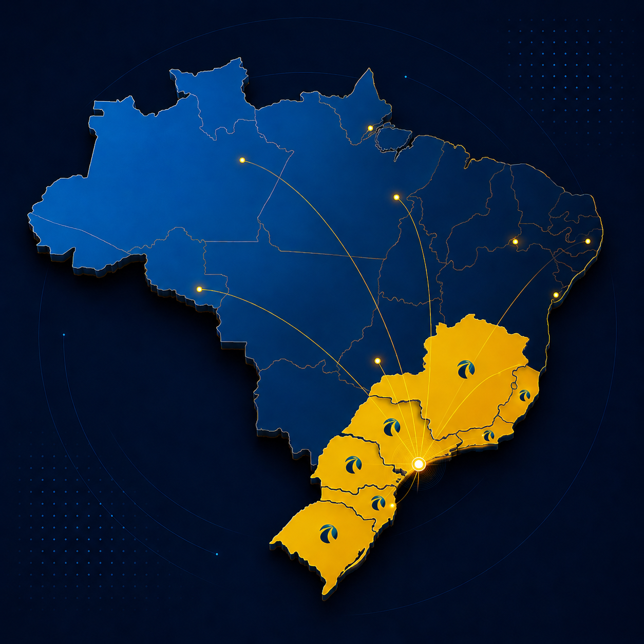 Mapa do Brasil com a região Sul/Sudeste destacada em amarelo, indicando a atuação principal da A.N.R, e pontos de presença em todo o território nacional