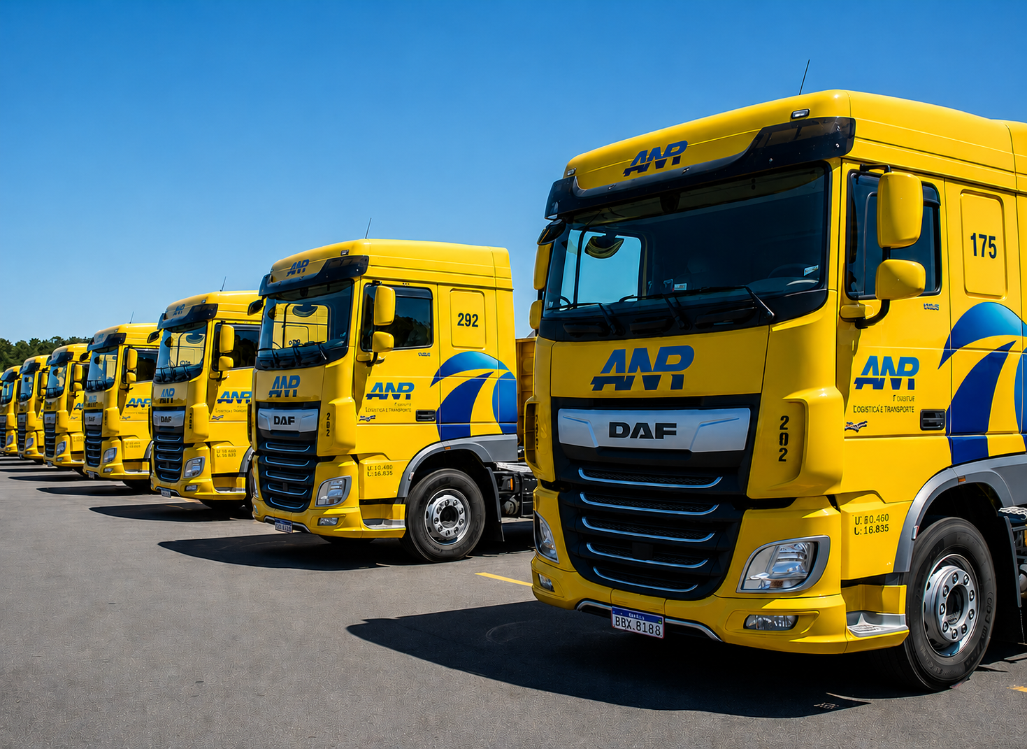 Frota A.N.R — fileira de caminhões DAF amarelos perfilados no pátio
