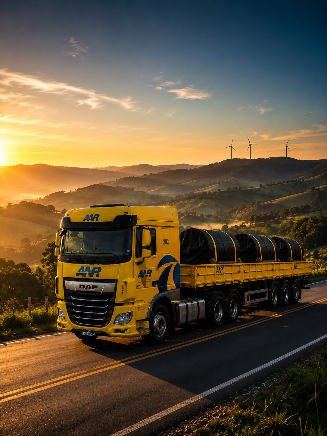 Caminhão DAF A.N.R amarelo com bobinas em rodovia montanhosa brasileira ao entardecer, com turbinas eólicas no horizonte — transporte sustentável